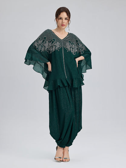 Metalik Şifon Taşlı V Yaka Bluz