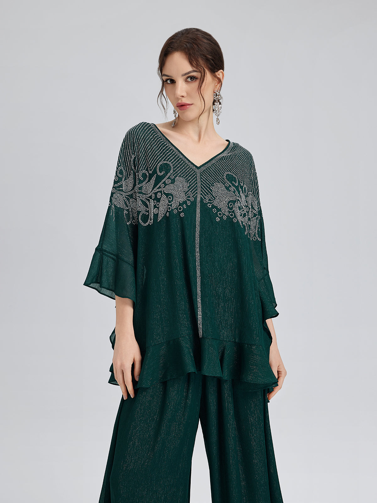 Metalik Şifon Taşlı V Yaka Bluz