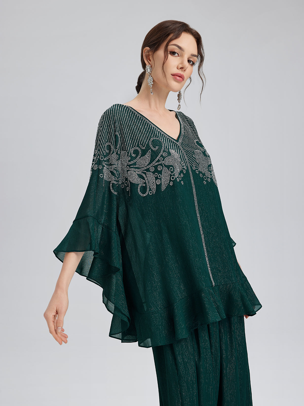 Metalik Şifon Taşlı V Yaka Bluz