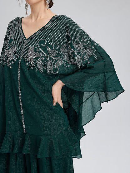 Metalik Şifon Taşlı V Yaka Bluz