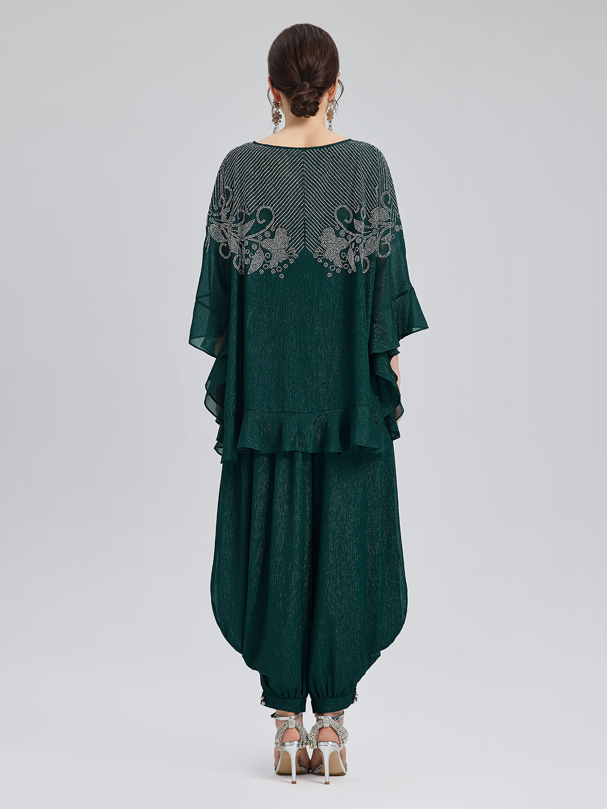 Metalik Şifon Taşlı V Yaka Bluz