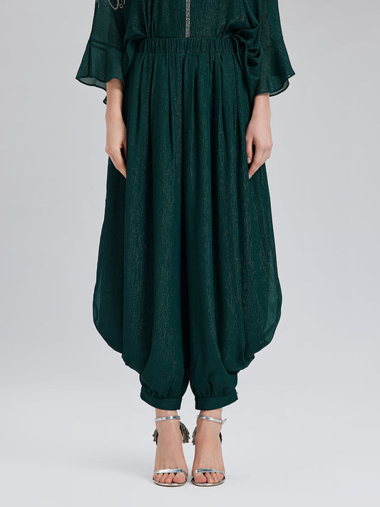 Gümüş İplikli Şifon Büzgülü Havuç Pantolon