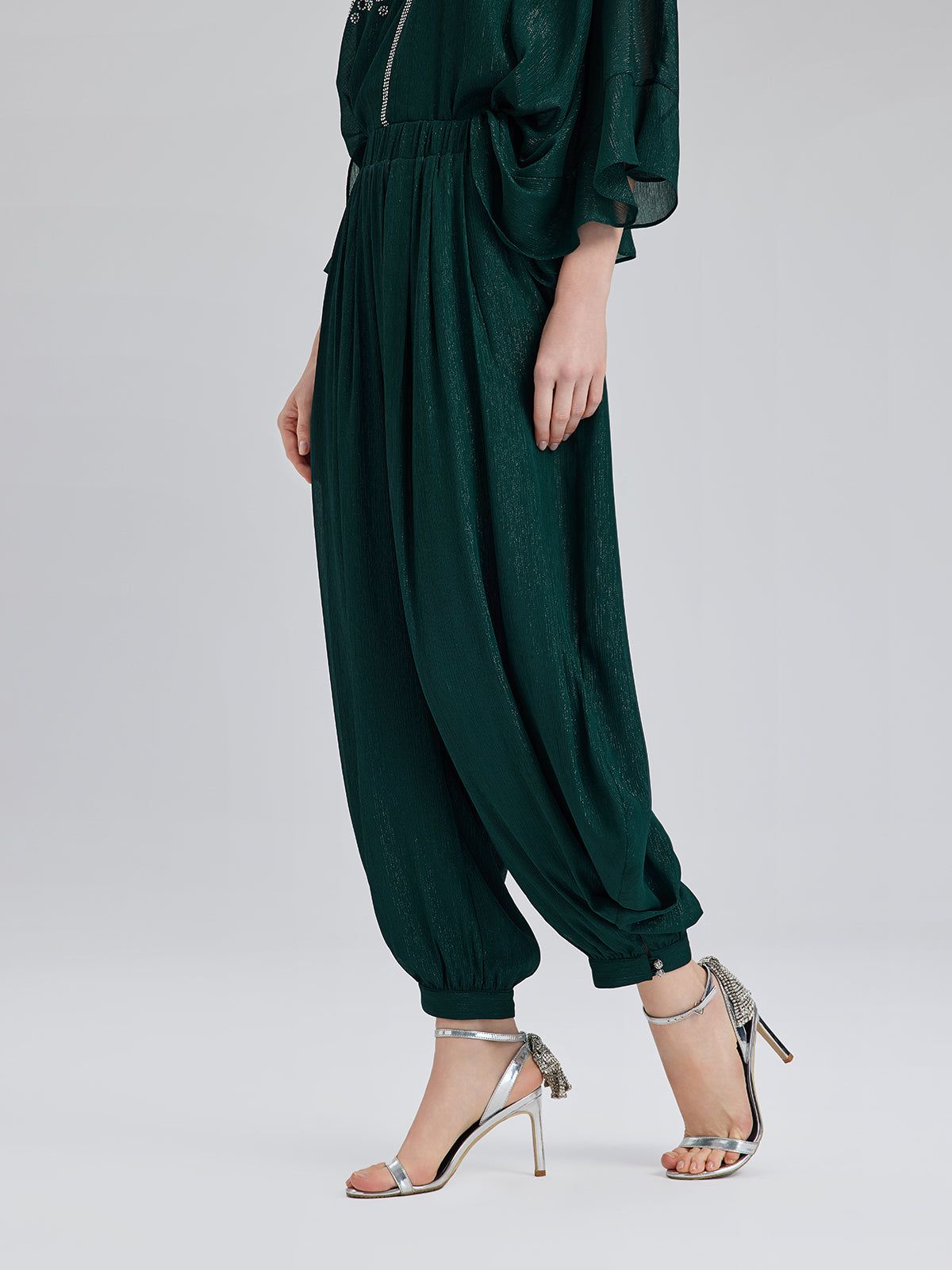 Gümüş İplikli Şifon Büzgülü Havuç Pantolon