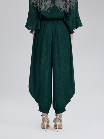 Gümüş İplikli Şifon Büzgülü Havuç Pantolon