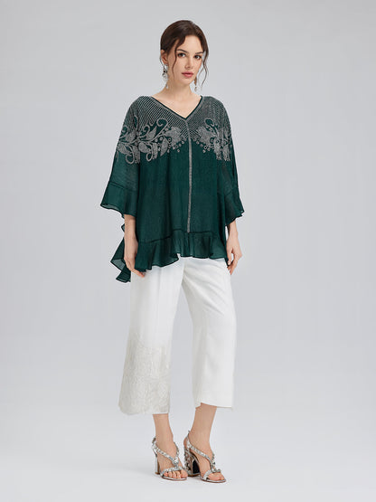 Metalik Şifon Taşlı V Yaka Bluz