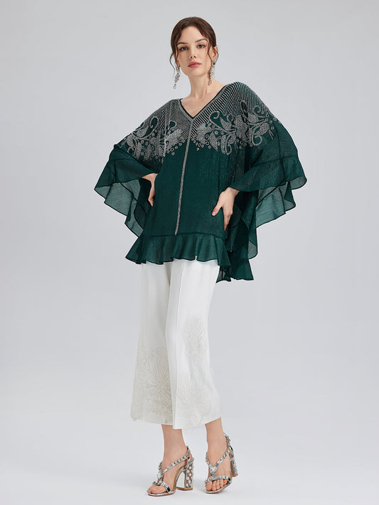 Metalik Şifon Taşlı V Yaka Bluz