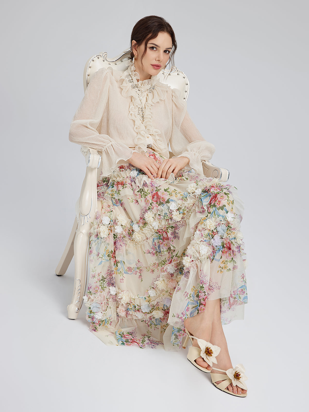 El Yapımı Çiçekli Fransız Tarzı Tül Etek