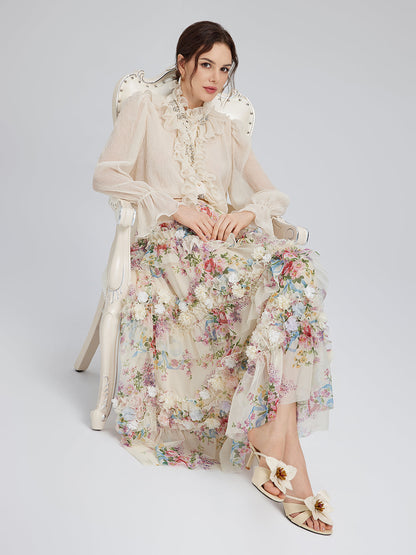 El Yapımı Çiçekli Fransız Tarzı Tül Etek