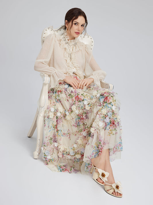 El Yapımı Çiçekli Fransız Tarzı Tül Etek