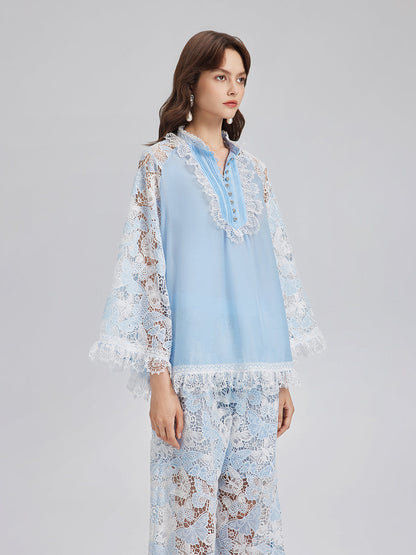 İki Renkli Dantelli Barok Kelebekli Bluz