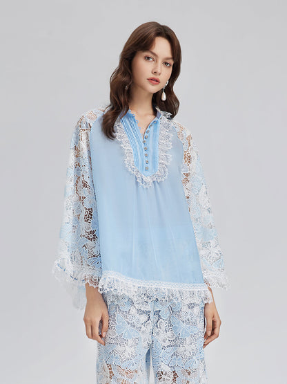 İki Renkli Dantelli Barok Kelebekli Bluz