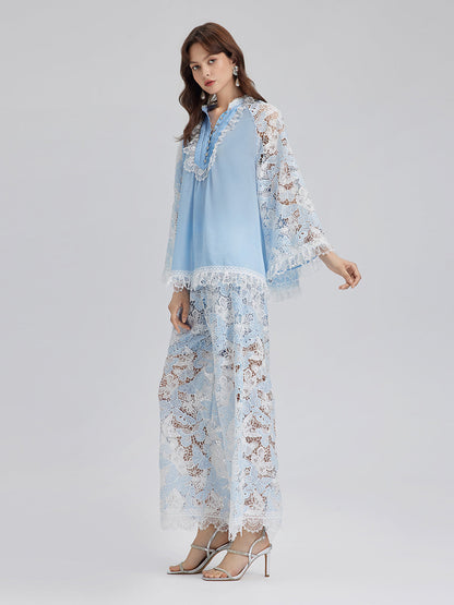 İki Renkli Dantelli Barok Kelebekli Bluz