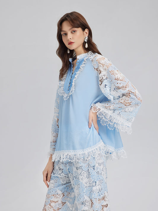 İki Renkli Dantelli Barok Kelebekli Bluz