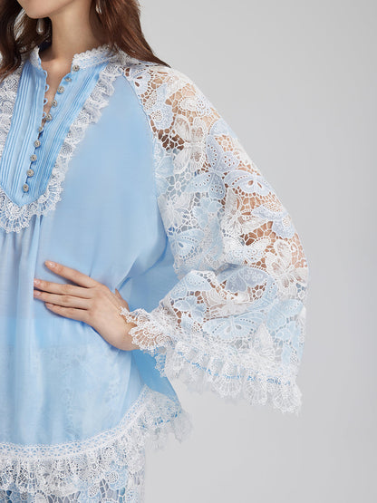 İki Renkli Dantelli Barok Kelebekli Bluz