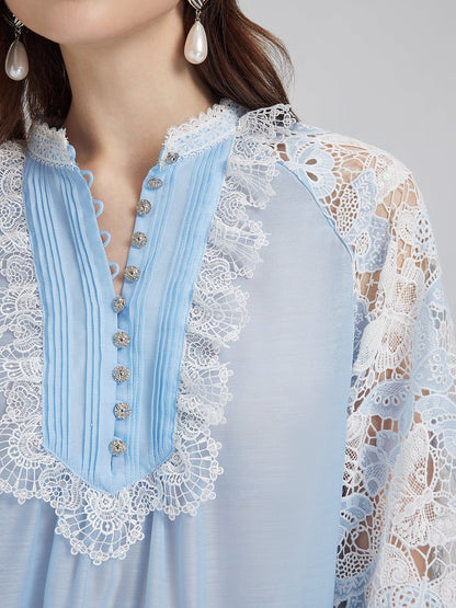 İki Renkli Dantelli Barok Kelebekli Bluz