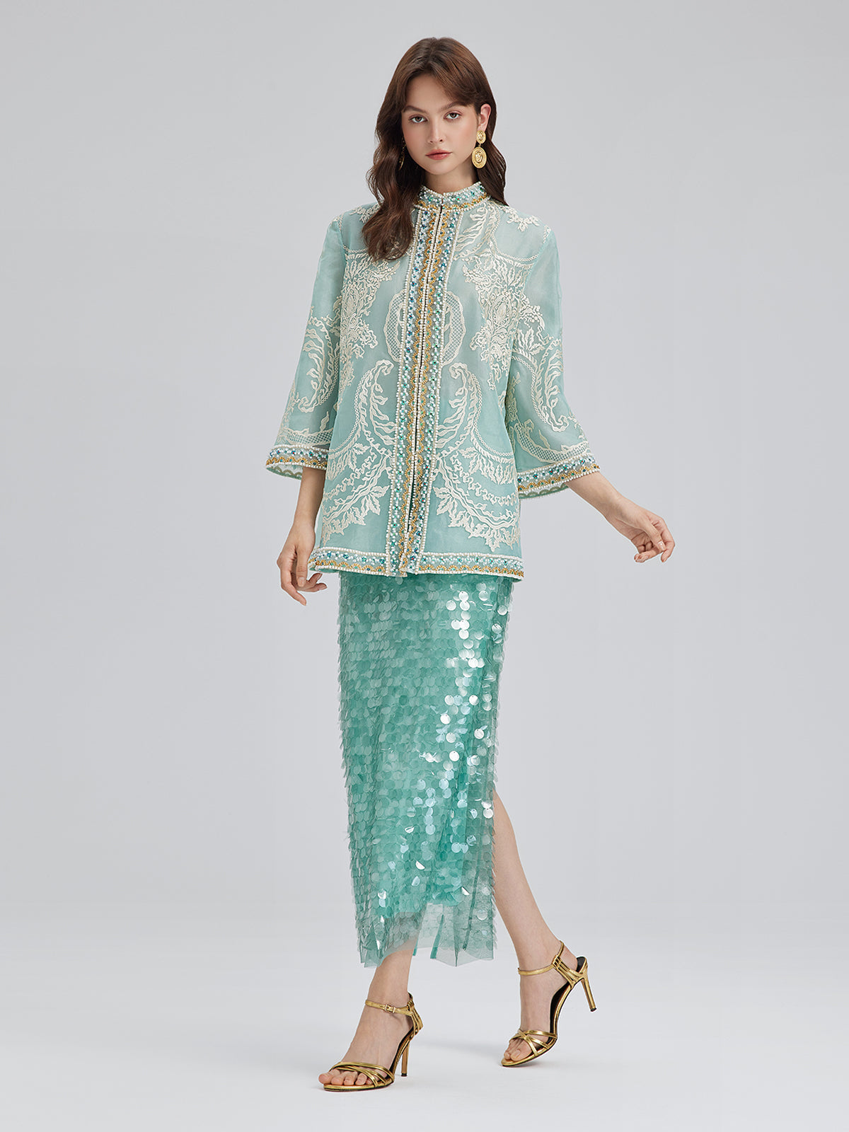 Organze Nakışlı Nane Yeşili Ceket