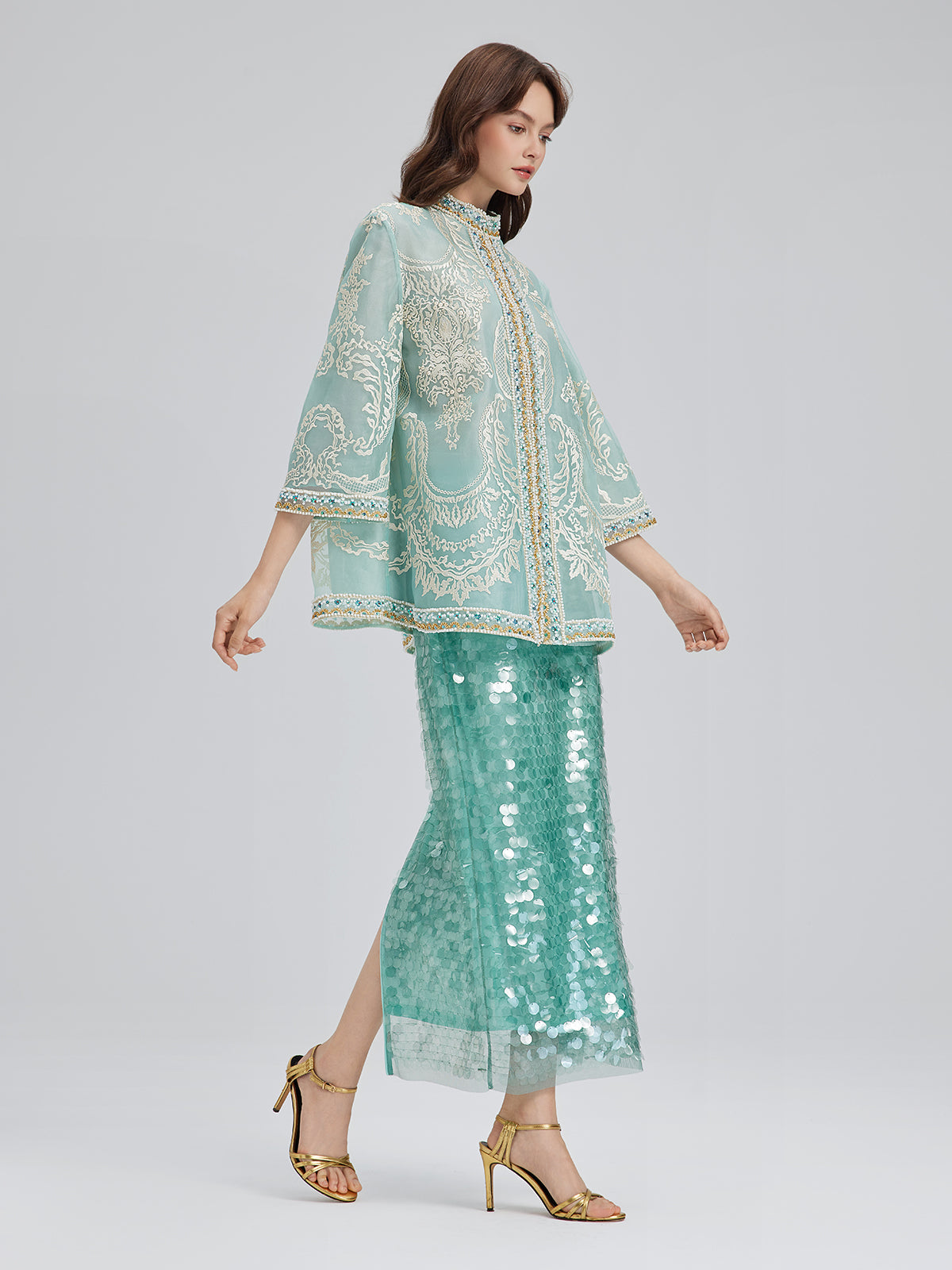 Organze Nakışlı Nane Yeşili Ceket