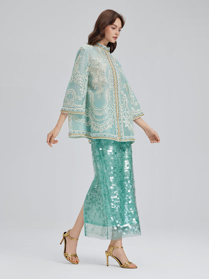 Organze Nakışlı Nane Yeşili Ceket