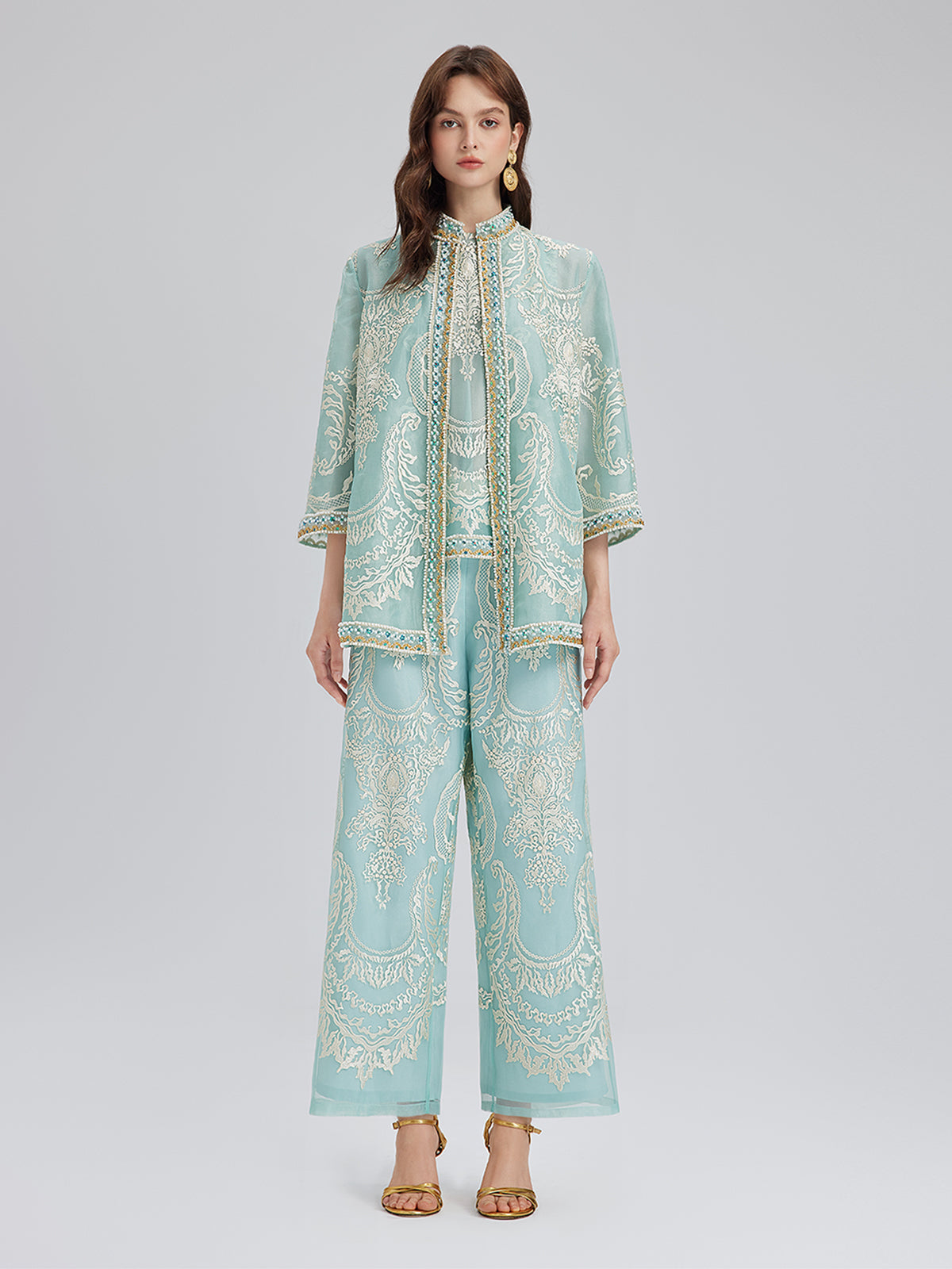 Organze Nakışlı Nane Yeşili Ceket