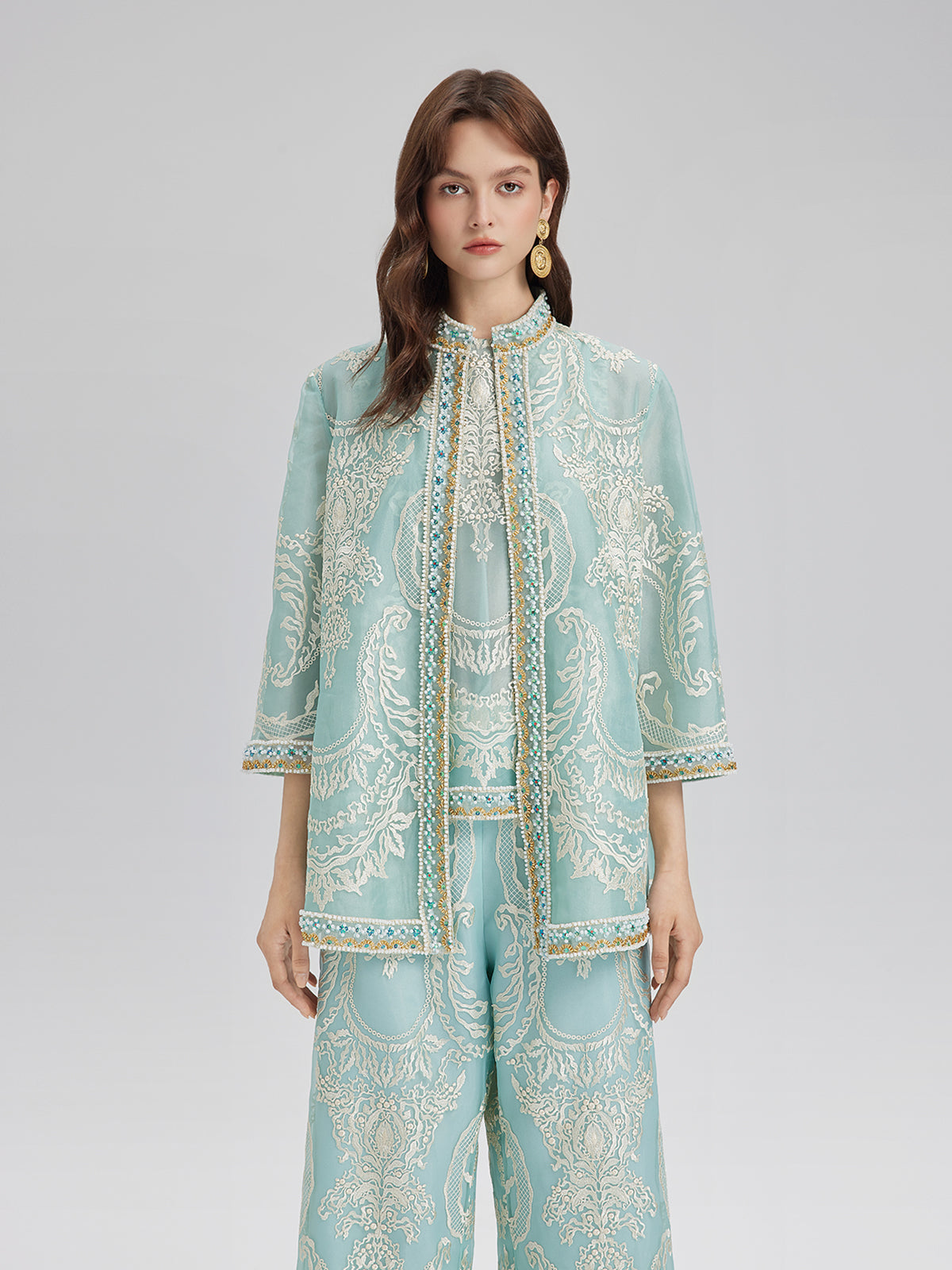 Organze Nakışlı Nane Yeşili Ceket