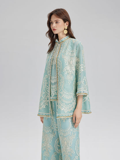 Organze Nakışlı Nane Yeşili Ceket