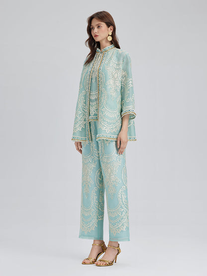 Organze Nakışlı Nane Yeşili Ceket