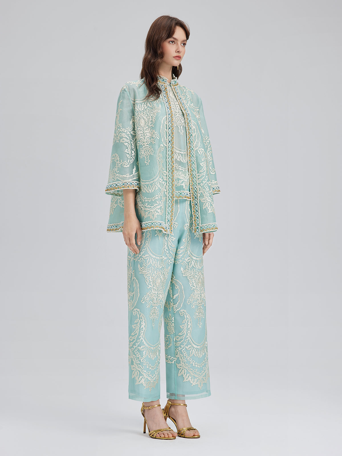 Organze Nakışlı Nane Yeşili Ceket