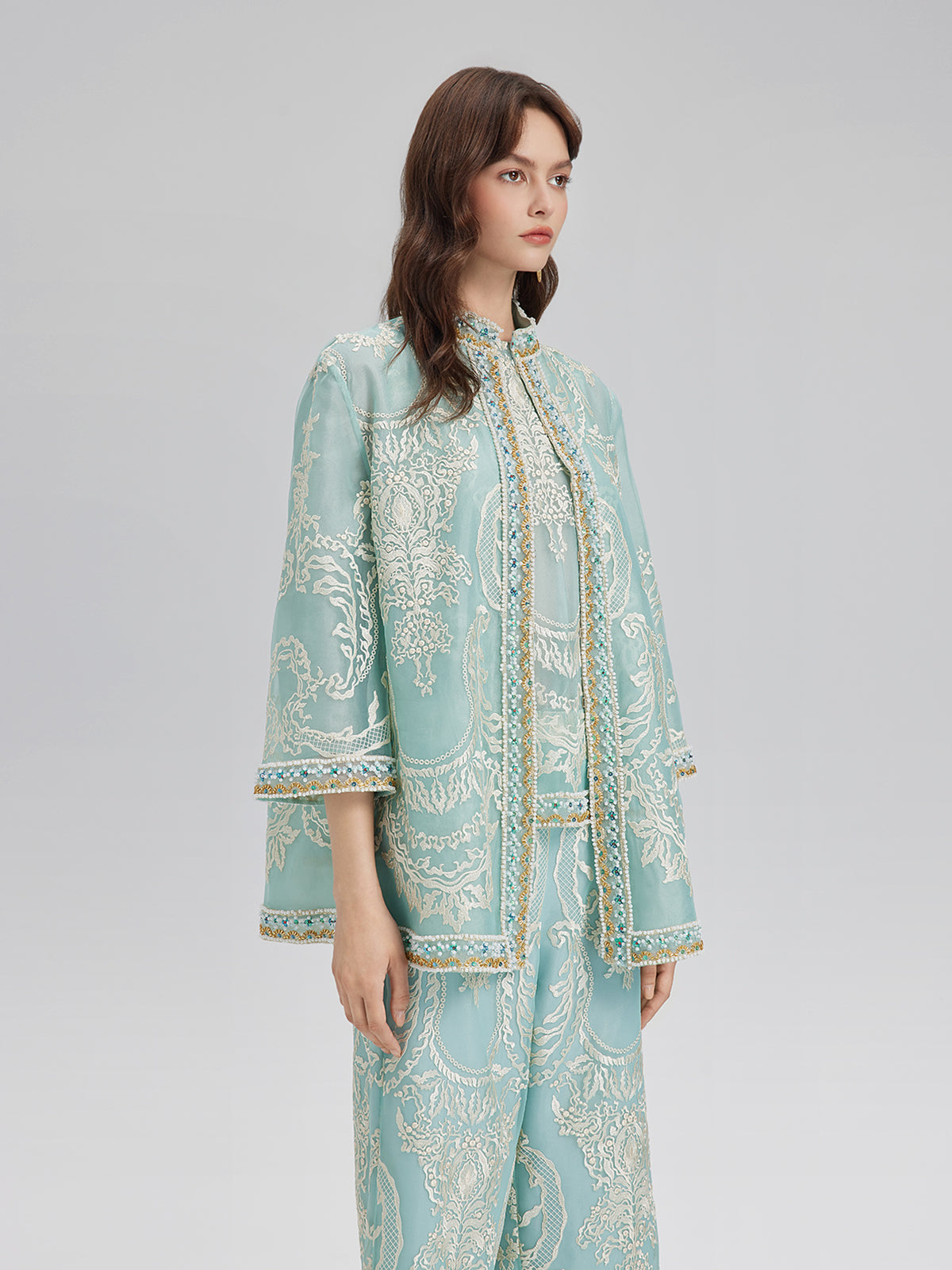 Organze Nakışlı Nane Yeşili Ceket