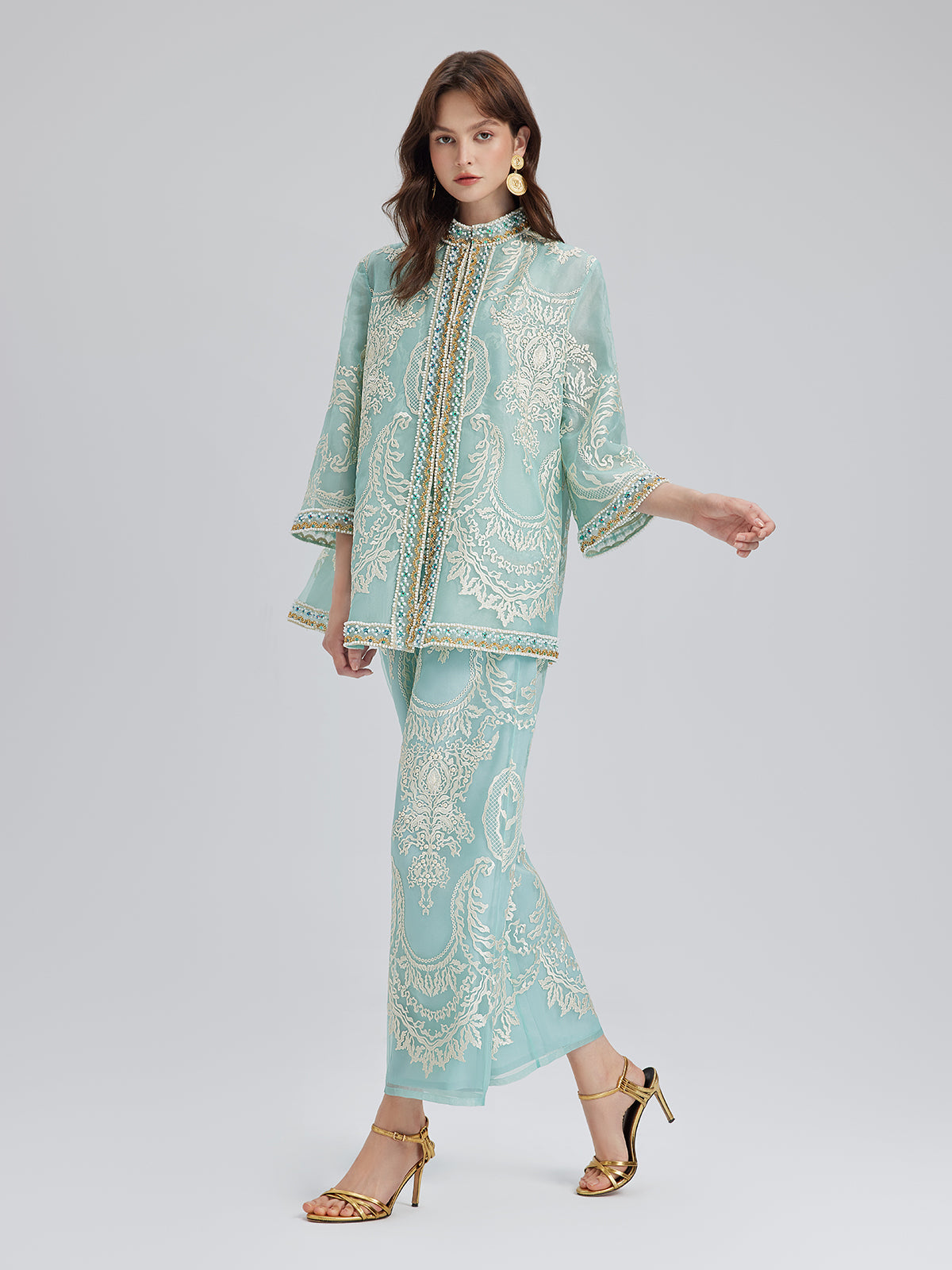 Organze Nakışlı Nane Yeşili Ceket