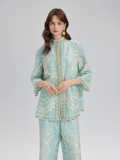 Organze Nakışlı Nane Yeşili Ceket