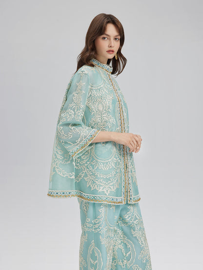 Organze Nakışlı Nane Yeşili Ceket