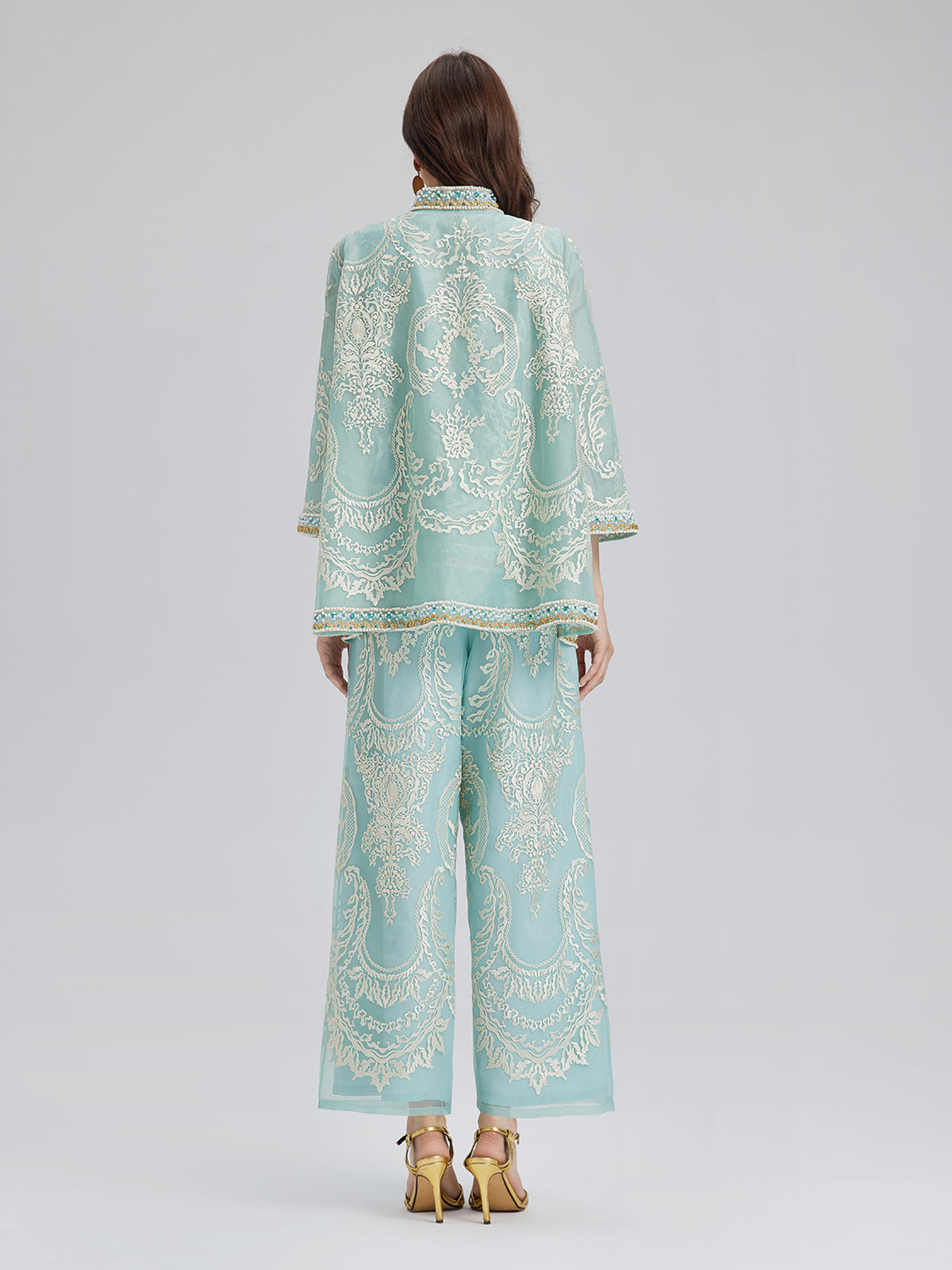 Organze Nakışlı Nane Yeşili Ceket