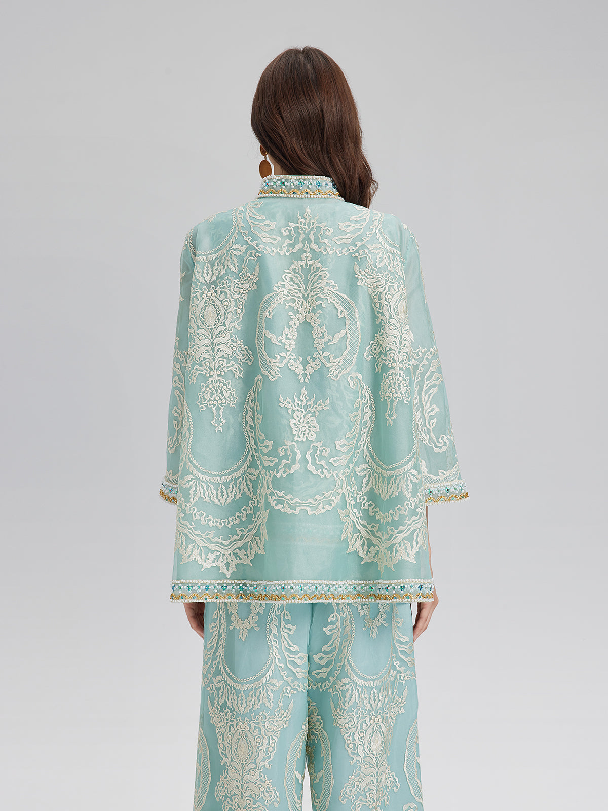 Organze Nakışlı Nane Yeşili Ceket