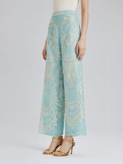 Organze Nakışlı Nane Yeşili Kısa Pantolon