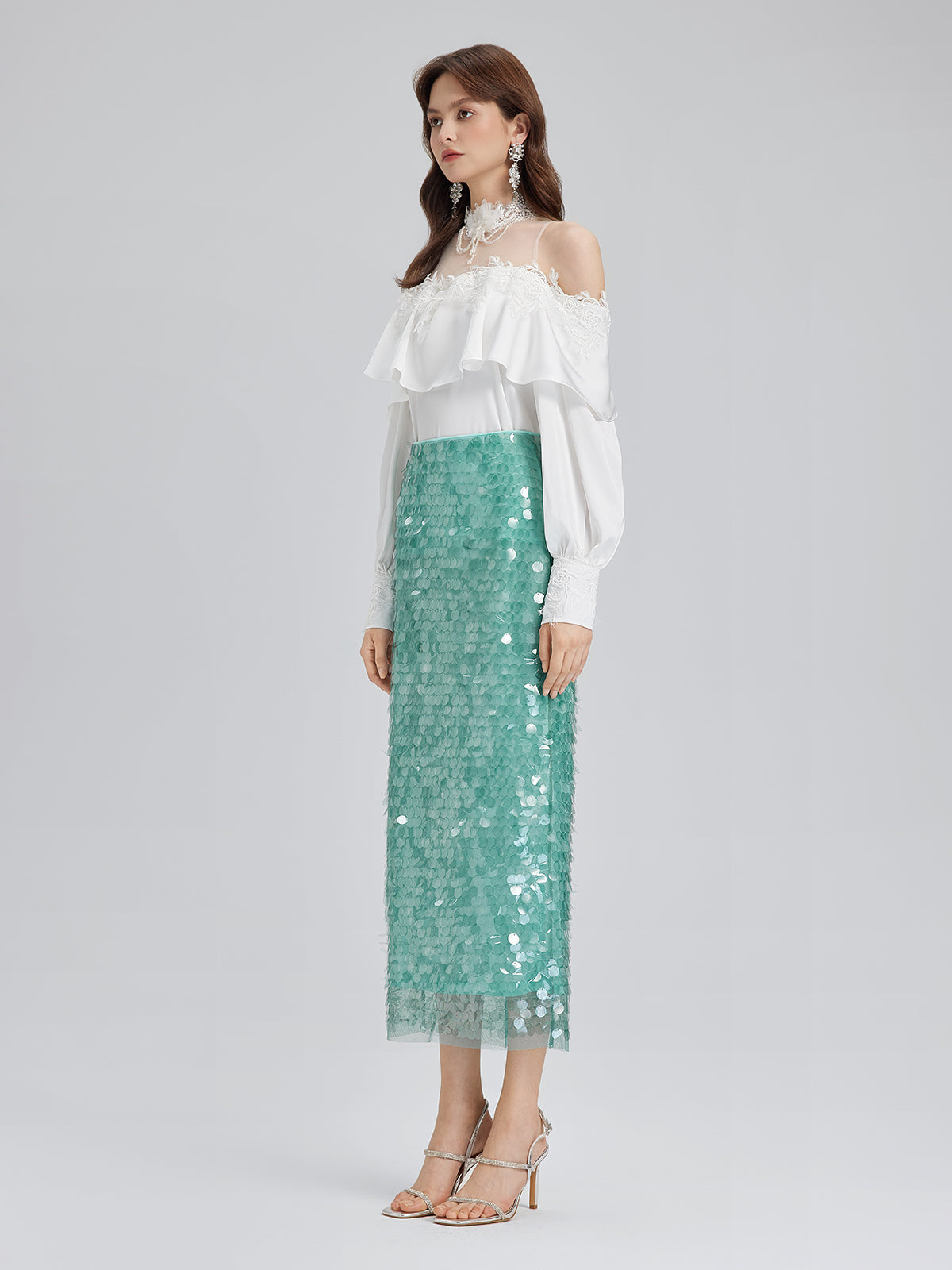 Lastikli Pullu Balık Nane Yeşili Etek