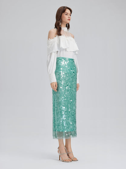 Lastikli Pullu Balık Nane Yeşili Etek