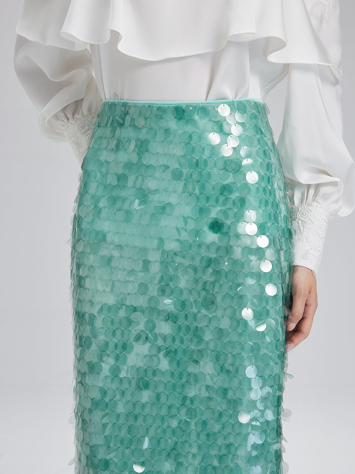 Lastikli Pullu Balık Nane Yeşili Etek