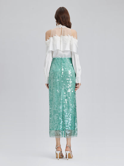 Lastikli Pullu Balık Nane Yeşili Etek