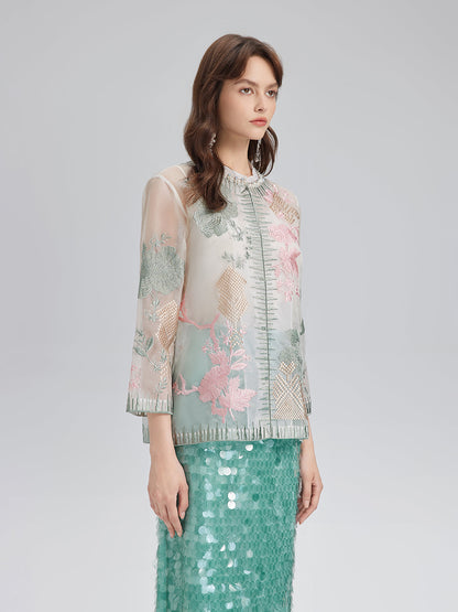 İpek Organze Nakışlı Gömlek