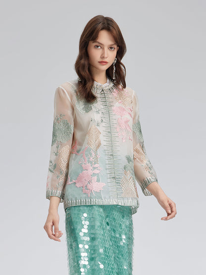 İpek Organze Nakışlı Gömlek