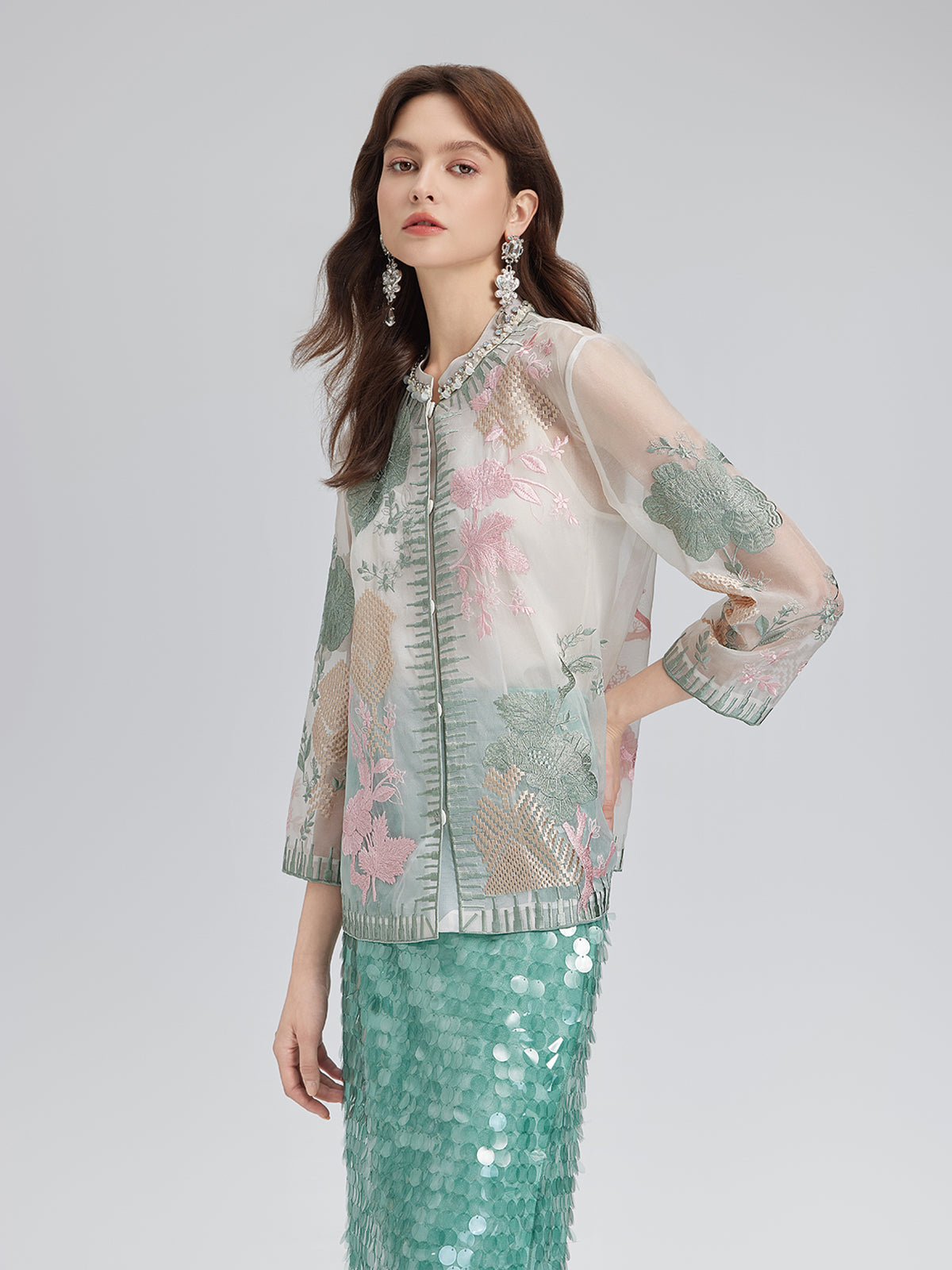 İpek Organze Nakışlı Gömlek