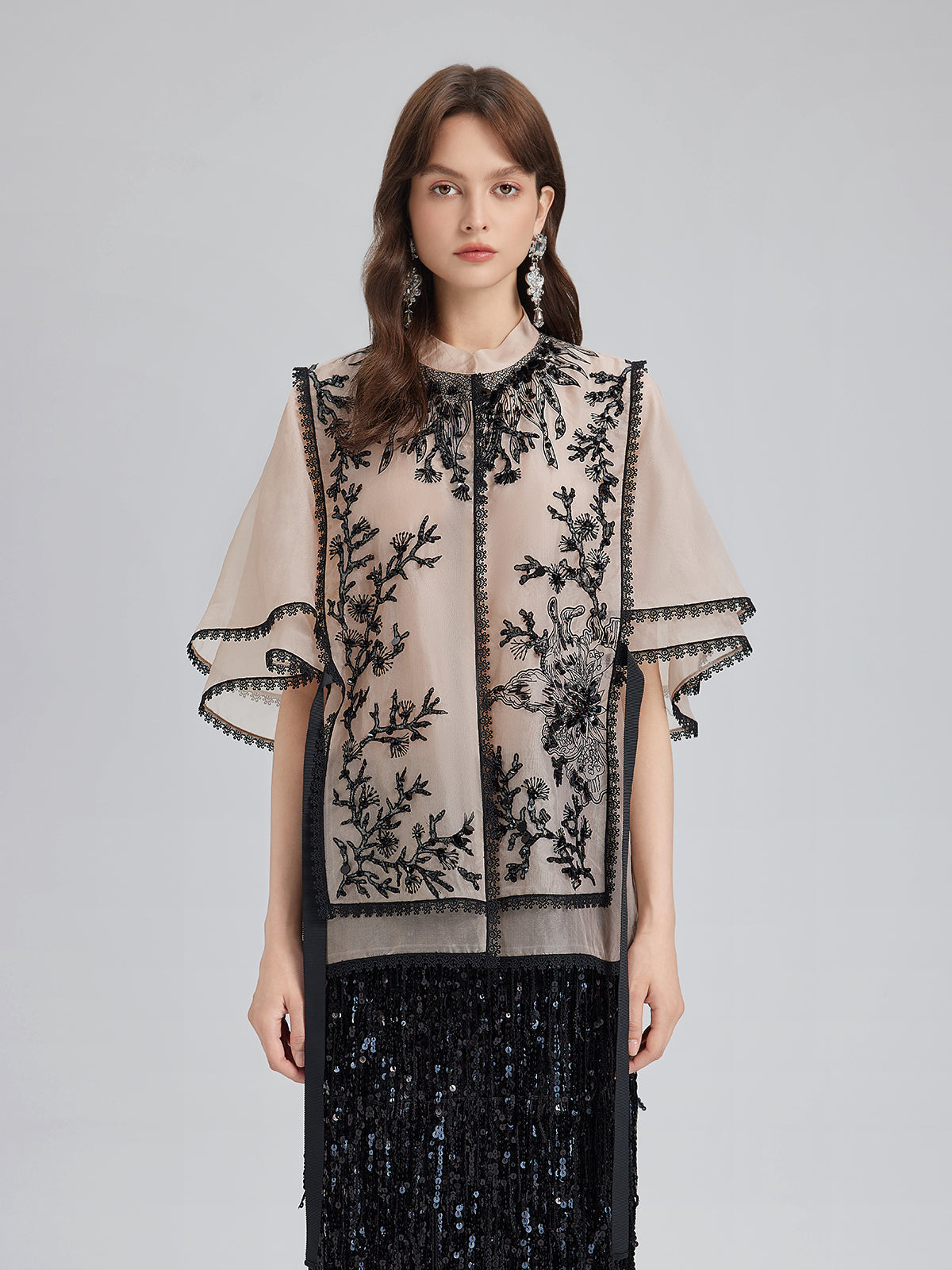 İpek Aplike Boncuklu Katmanlı Görünümlü Bluz