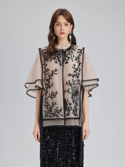 İpek Aplike Boncuklu Katmanlı Görünümlü Bluz