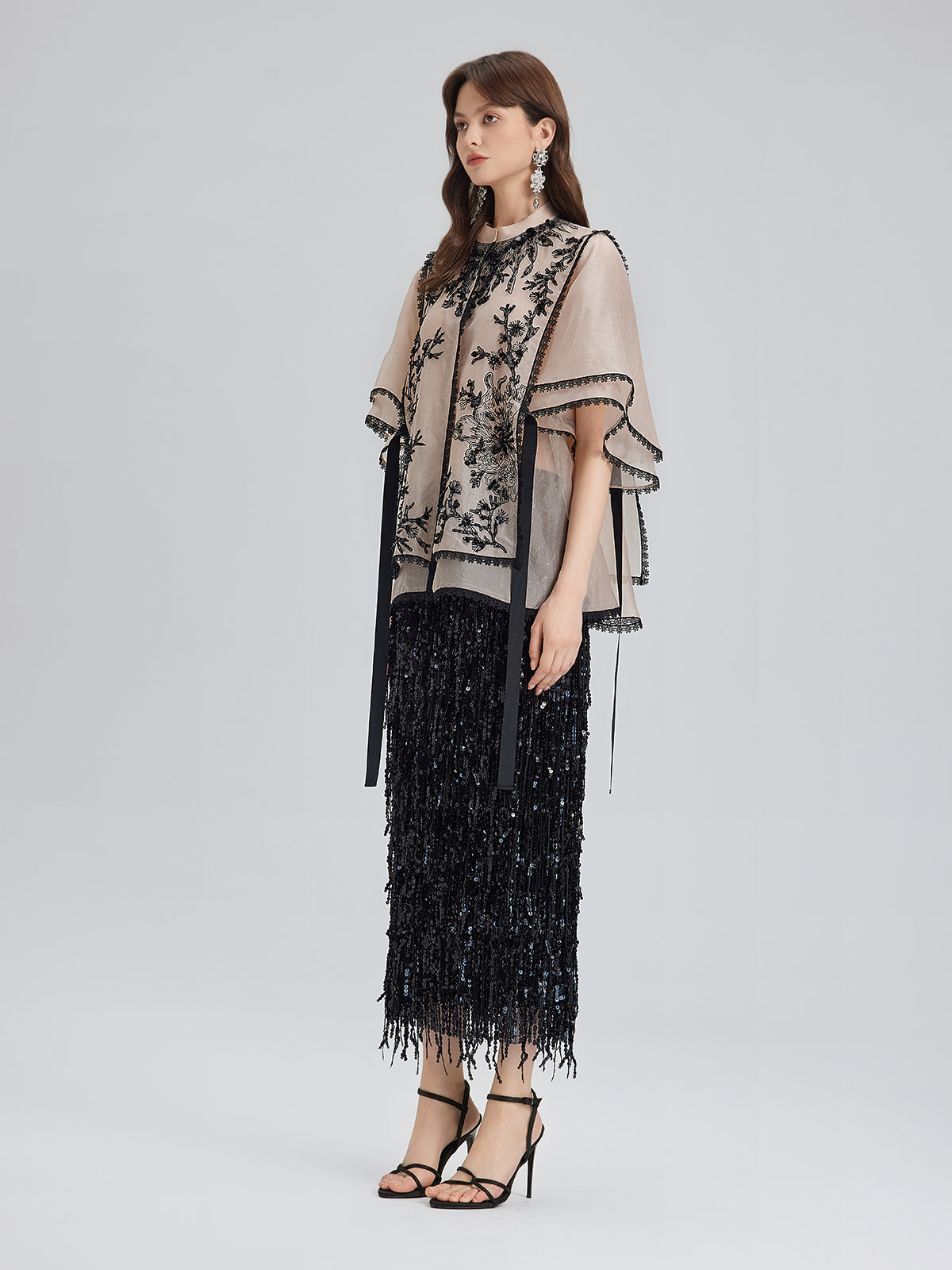 İpek Aplike Boncuklu Katmanlı Görünümlü Bluz