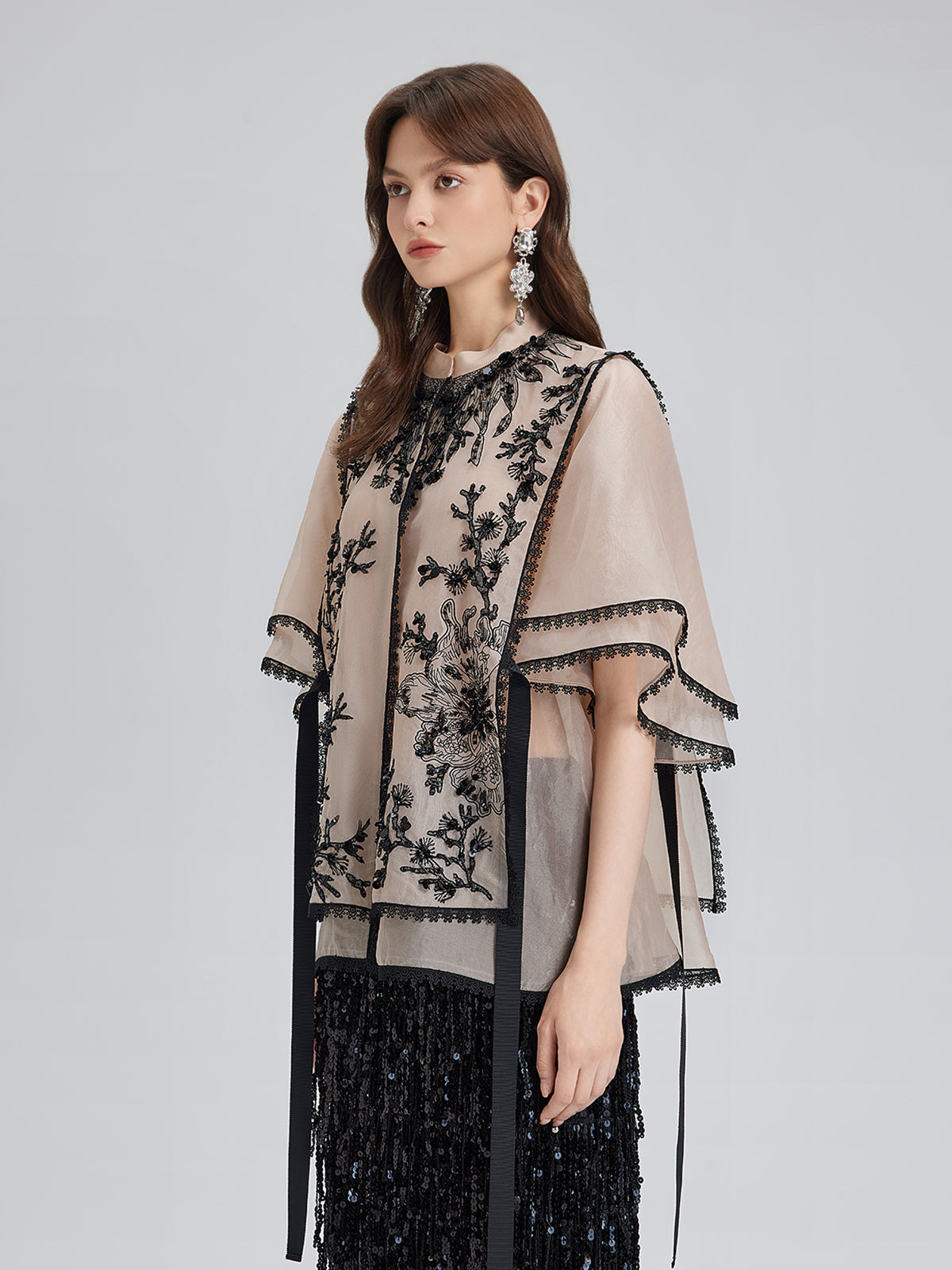 İpek Aplike Boncuklu Katmanlı Görünümlü Bluz