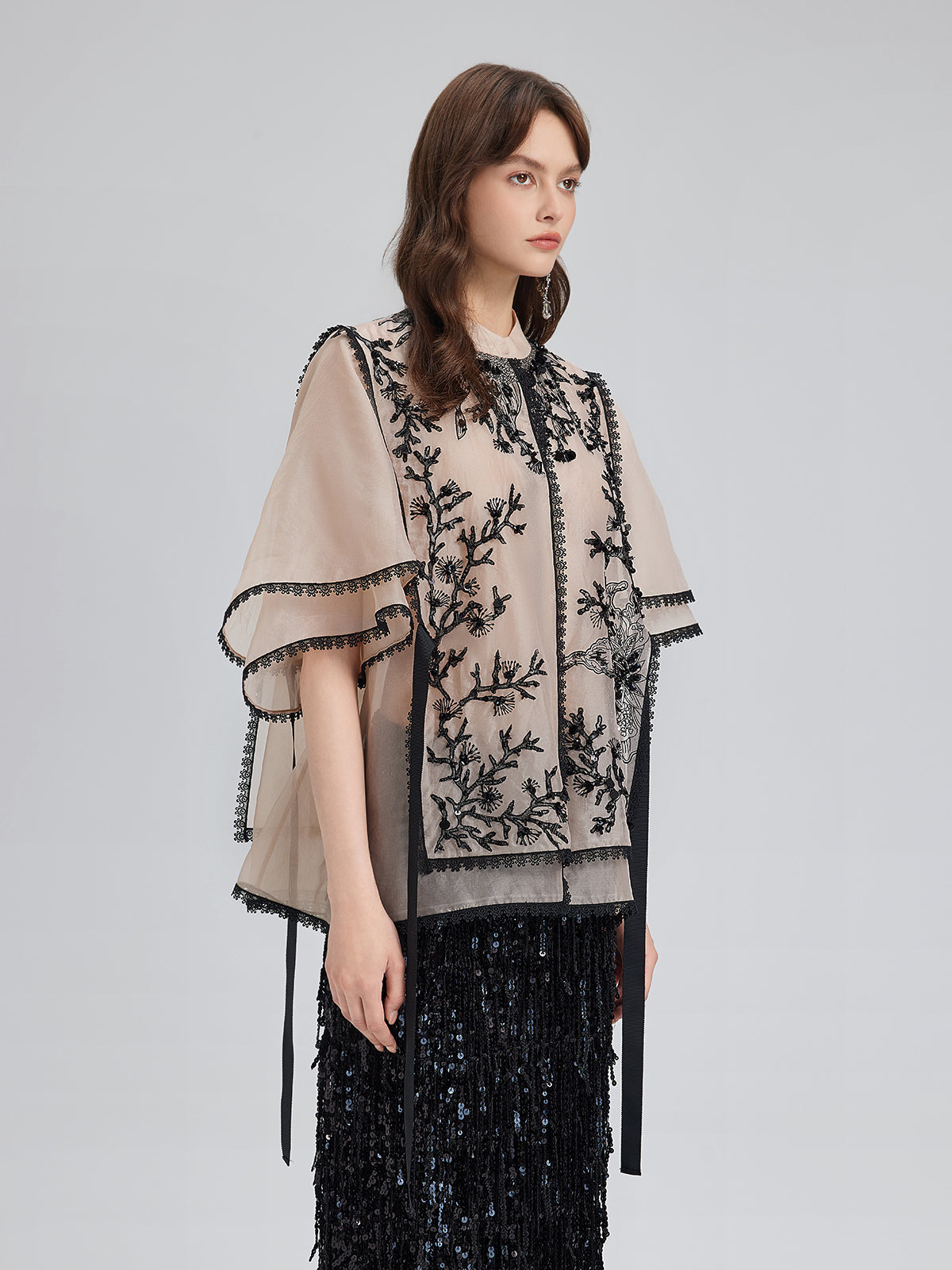 İpek Aplike Boncuklu Katmanlı Görünümlü Bluz