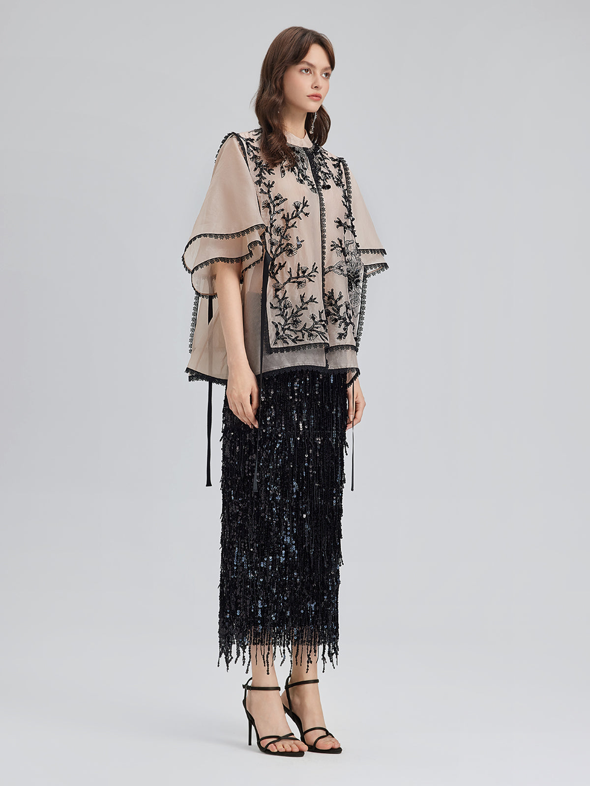 İpek Aplike Boncuklu Katmanlı Görünümlü Bluz