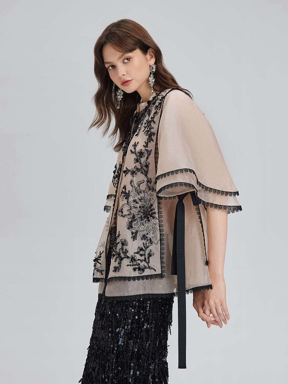 İpek Aplike Boncuklu Katmanlı Görünümlü Bluz