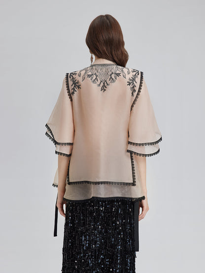 İpek Aplike Boncuklu Katmanlı Görünümlü Bluz