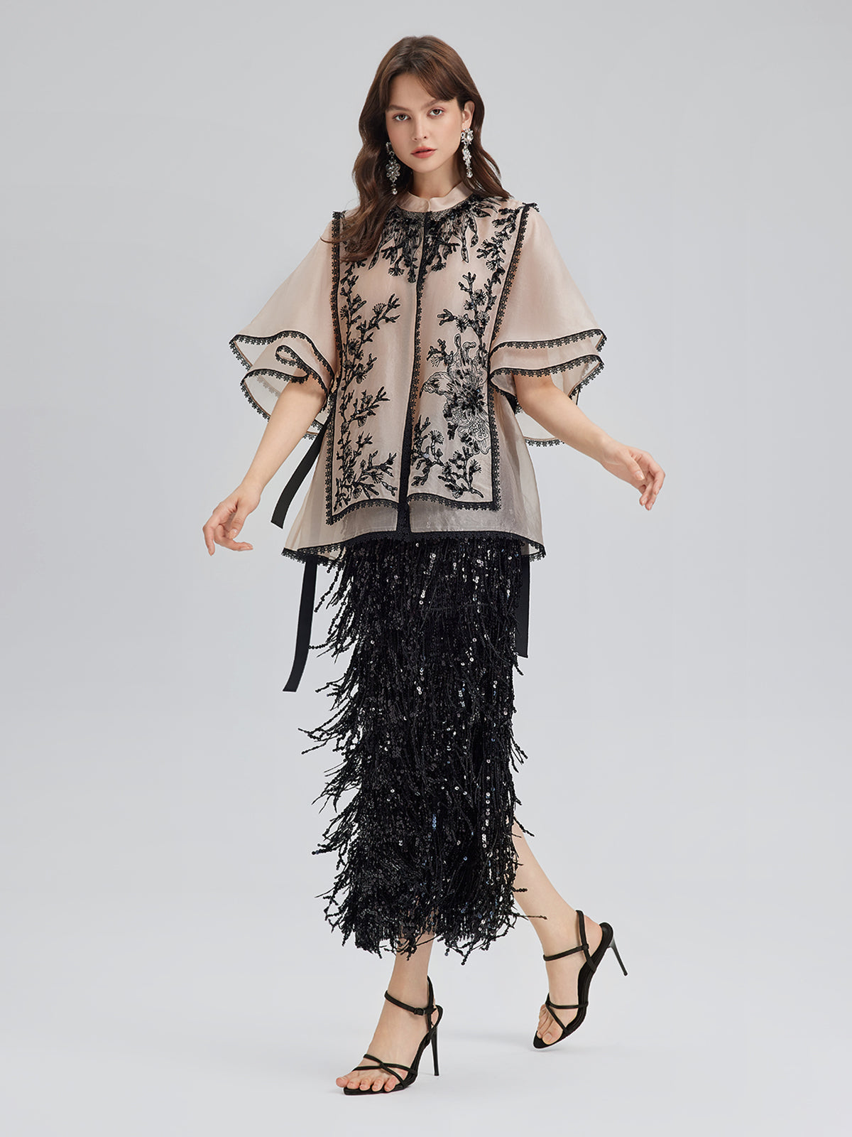 İpek Aplike Boncuklu Katmanlı Görünümlü Bluz